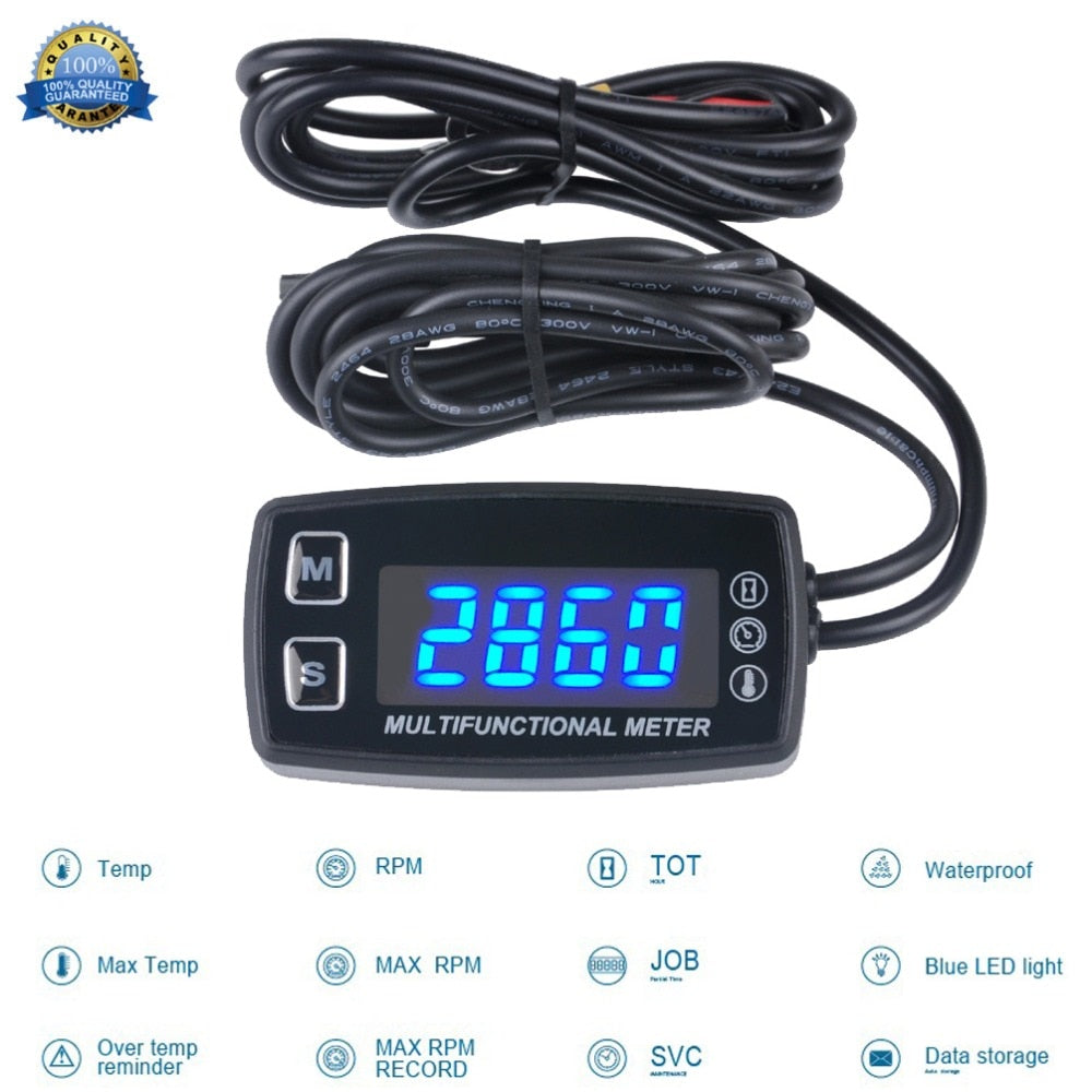 Digital LED Display Tachometer Hour Meter Tach with Temperature Sensor Guage for 2/4 Stroke Engines Chain Saws Tractors 035LT